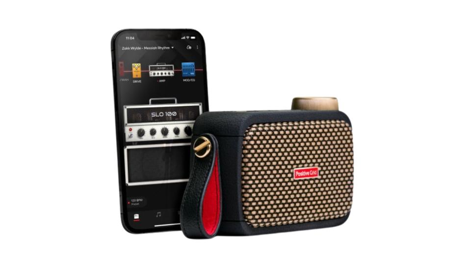 A Positive Grid Spark GO bass amp with smartphone