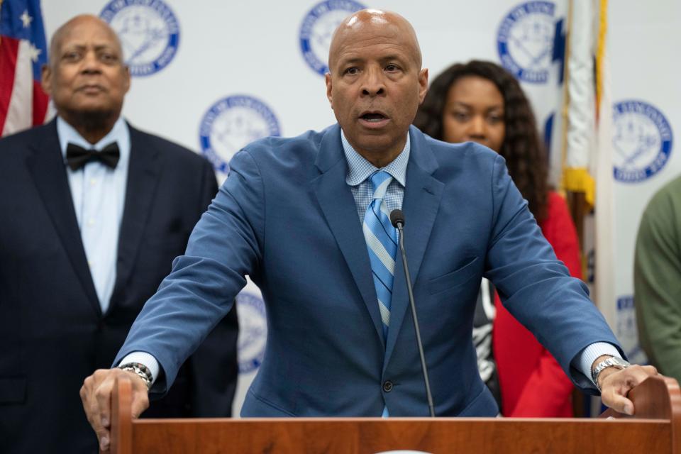 Cincinnati City Councilmember Scotty Johnson speaks during a news conference in June where he apologized with other city leaders for the displacement that occurred in the lower West End in the 1950s when the neighborhood was razed to make way for Interstate 75.