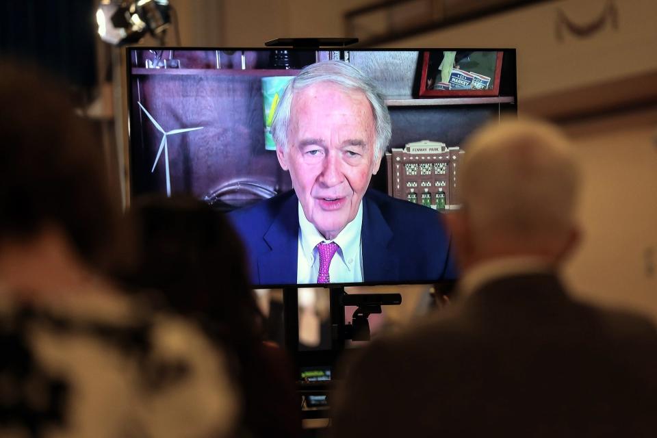 U.S. Sen. Ed Markey speaks in support of Framingham's new mayor, Charlie Sisitsky, via video during the city's inauguration ceremony at Nevins Hall in Framingham, Jan. 1, 2022.