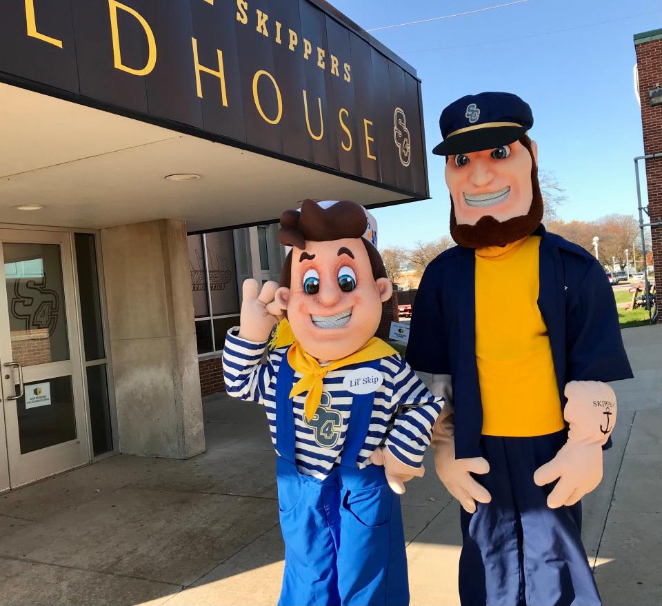 St. Clair County Community College mascots Lil' Skip and Skip pose for a photo outside SC4 Fieldhouse in Port Huron on Nov. 8, 2021.