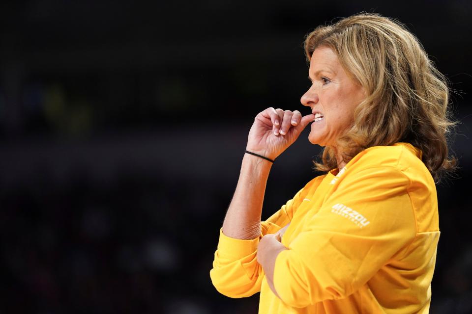 Missouri head coach Robin Pingeton watches players during the first half of an NCAA college basketball game against South Carolina Sunday, Jan. 15, 2023, in Columbia, S.C. South Carolina won 81-51.