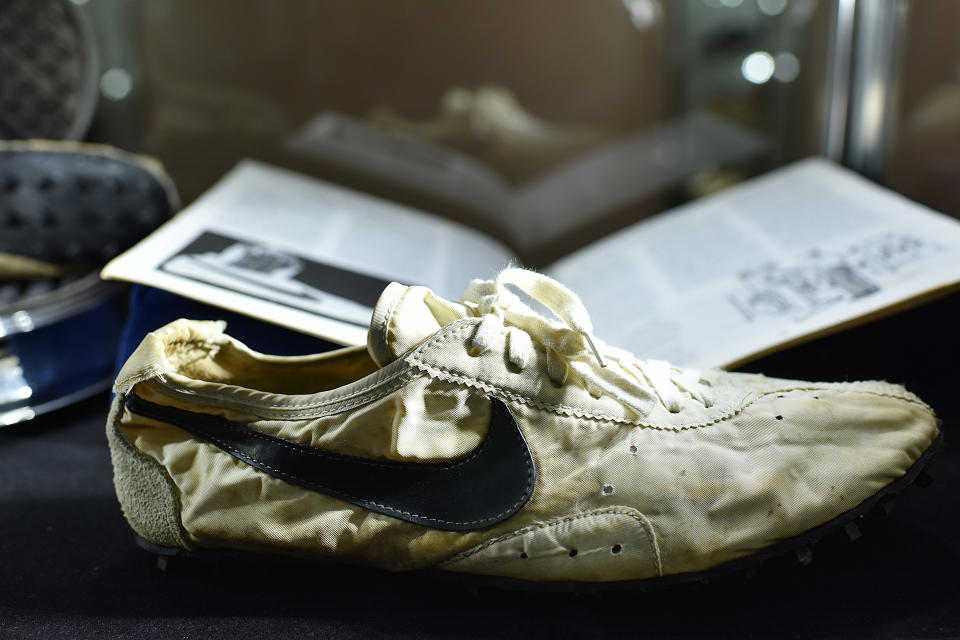 The unworn pair of 1972 Nike Waffle Racing Flat 'Moon Shoes' on display at Sotheby's [Photo: PA]