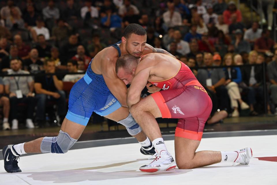 Olympic gold medalist David Taylor (right) defeated Aaron Brooks at last June's Final X action in New Jersey. The two former Penn State wrestlers may meet again this weekend in the 86 kilogram class at the U.S. Olympic Wrestling Team Trials in State College.