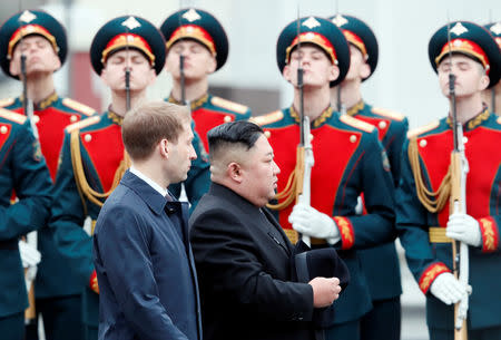 North Korean leader Kim Jong Un arrives at the railway station in the Russian far-eastern city of Vladivostok, Russia, April 24, 2019. REUTERS/Shamil Zhumatov