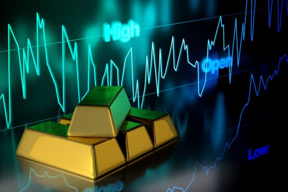 Gold bars against the backdrop of a volatile stock price graph.