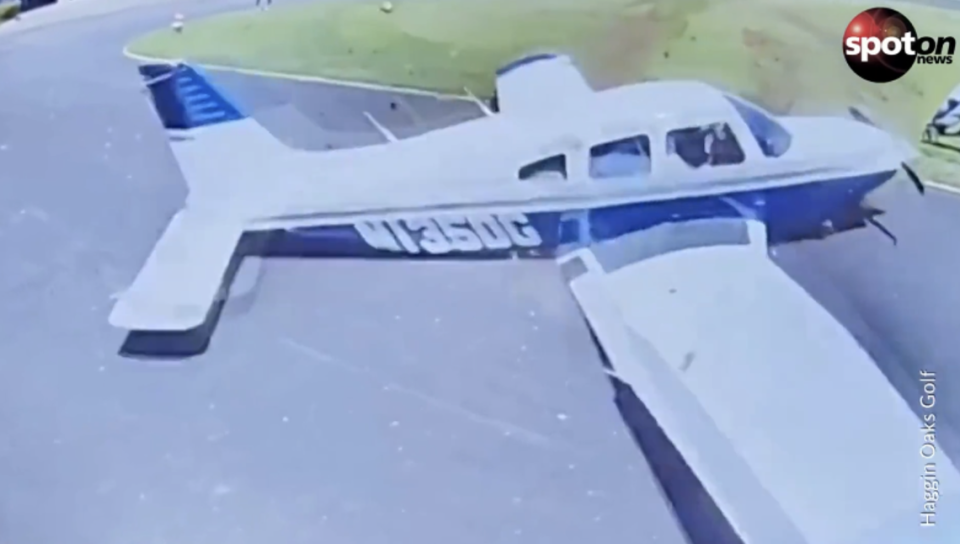 A plane lands at the Haggin Oaks golf shop in Sacramento, California.