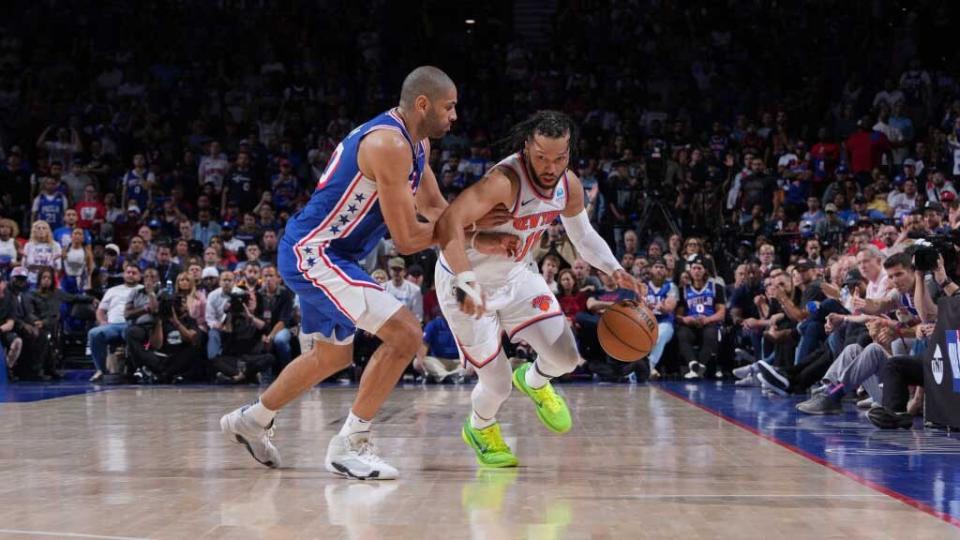  Jalen Brunson #11 of the New York Knicks dribbles the ball during the game against the Philadelphia 76ers during Round 1 Game 6 of the 2024 NBA Playoffs on May 2, 2024. 