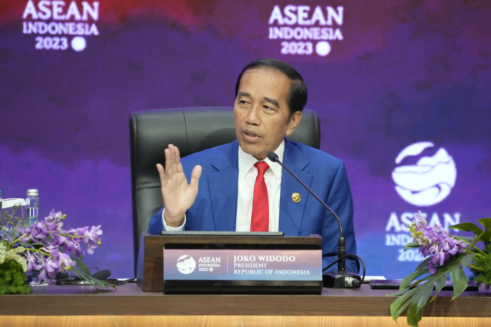 Indonesian President Joko Widodo gestures as he speaks to the media during a press conference at the end of the Association of Southeast Asian Nations (ASEAN) Summit in Jakarta, Indonesia, Thursday, Sept. 7, 2023. (AP Photo/Achmad Ibrahim)