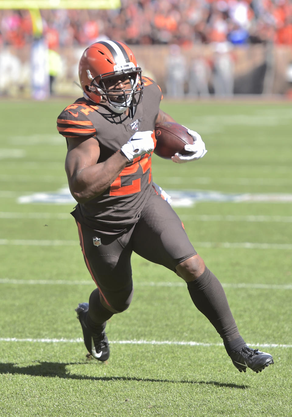 Cleveland Browns running back Nick Chubb rushes for a 7-yard touchdown during the first half of an NFL football game against the Seattle Seahawks, Sunday, Oct. 13, 2019, in Cleveland. (AP Photo/David Richard)