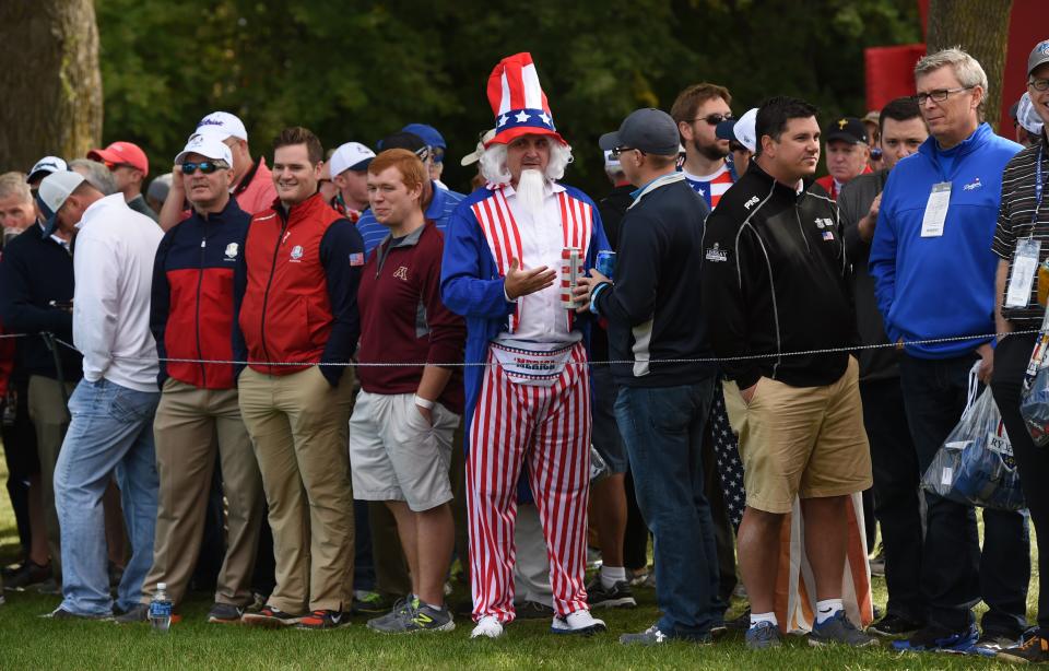 An American fan shows his support during practice for the Ryder Cup. (AFP)