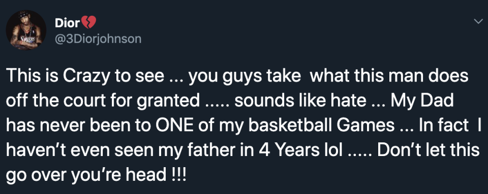 Dior Johnson responds to criticism of LeBron James' enthusiasm for his son. (Twitter)