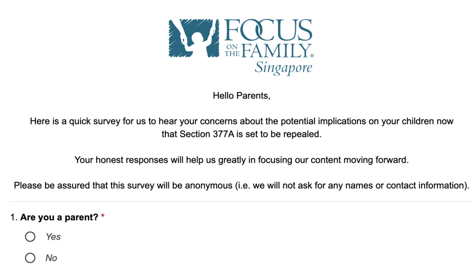 Focus on the Family Singapore survey on Section 377A. (SCREENSHOT: FOTF website)