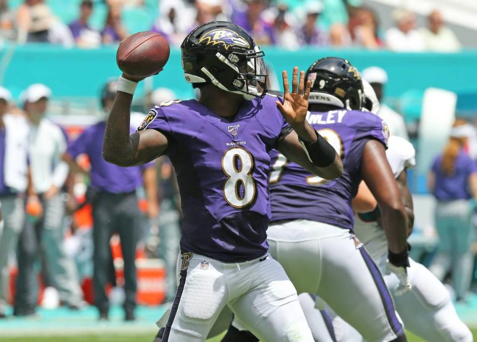 Baltimore Ravens quarterback Lamar Jackson, shown beating Miami in the season opener, enters Week 13 as the NFL MVP favorite. His 9-2 Ravens this week have made San Francisco the first 10-1 underdog since 2007.