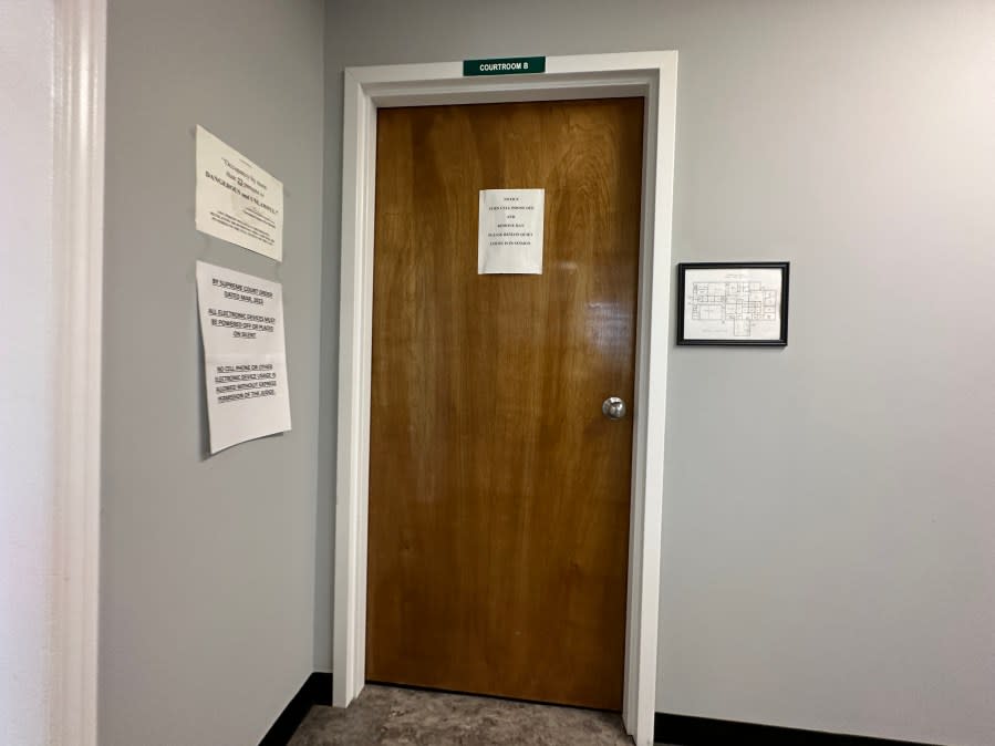 King Cutter, Trooper Datrick Prince, and an attorney from SCDPS headquarters in Columbia met privately behind this door labeled ‘Courtroom B’ before Cutter’s bench trial on Nov. 15, 2023. (WJZY Photo/Jody Barr)