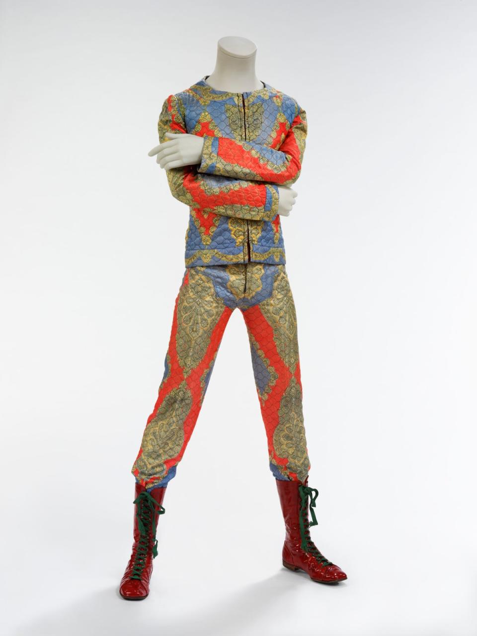 A quilted two-piece suit, designed by Freddie Burretti in 1972 for the Ziggy Stardust tour (The David Bowie Archive)