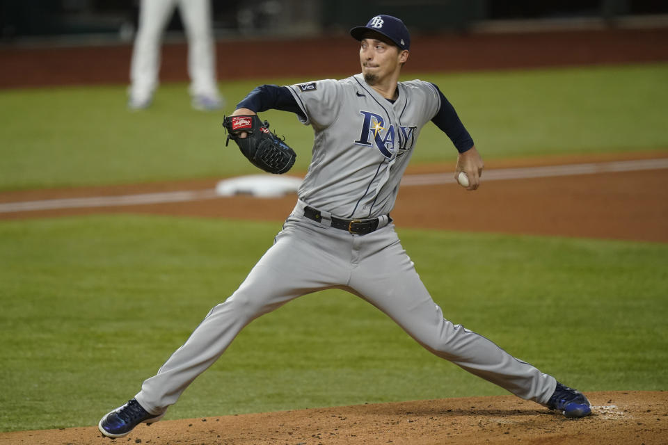Tampa Bay Rays starting pitcher Blake Snell throws against the Los Angeles Dodgers during the first inning in Game 6 of the baseball World Series Tuesday, Oct. 27, 2020, in Arlington, Texas. (AP Photo/Eric Gay)
