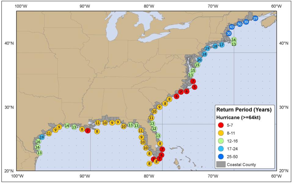 Map showing return periods for coastal counties