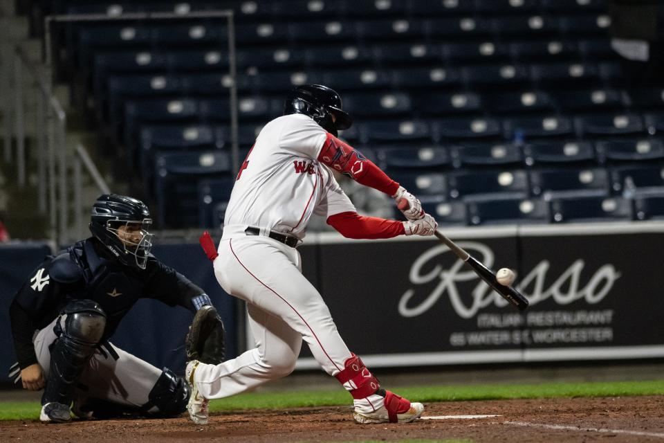 Worcester Red Sox infielder Wilyer Abreu connects on a pitch during Wednesday's game.
