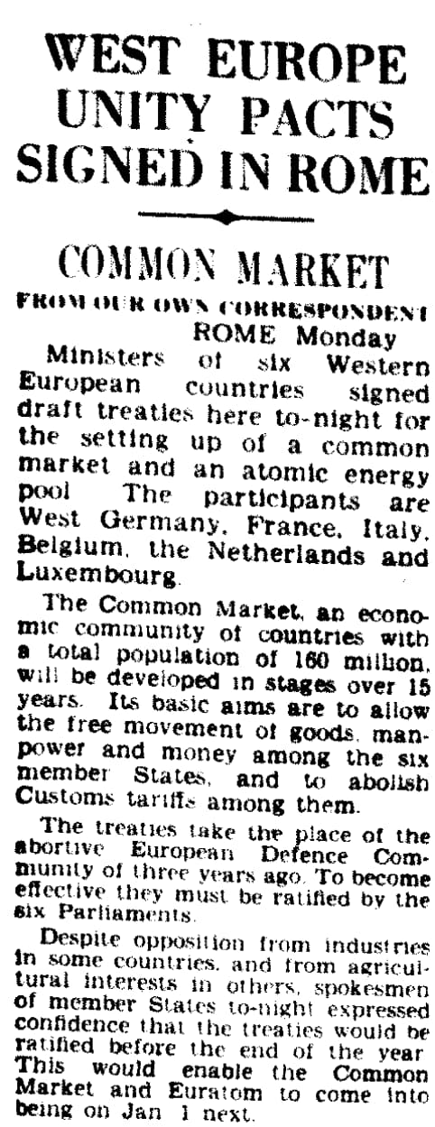 How the Daily Telegraph reported the signing of the Treaty of Rome in March 1957. - Credit: Daily Telegraph