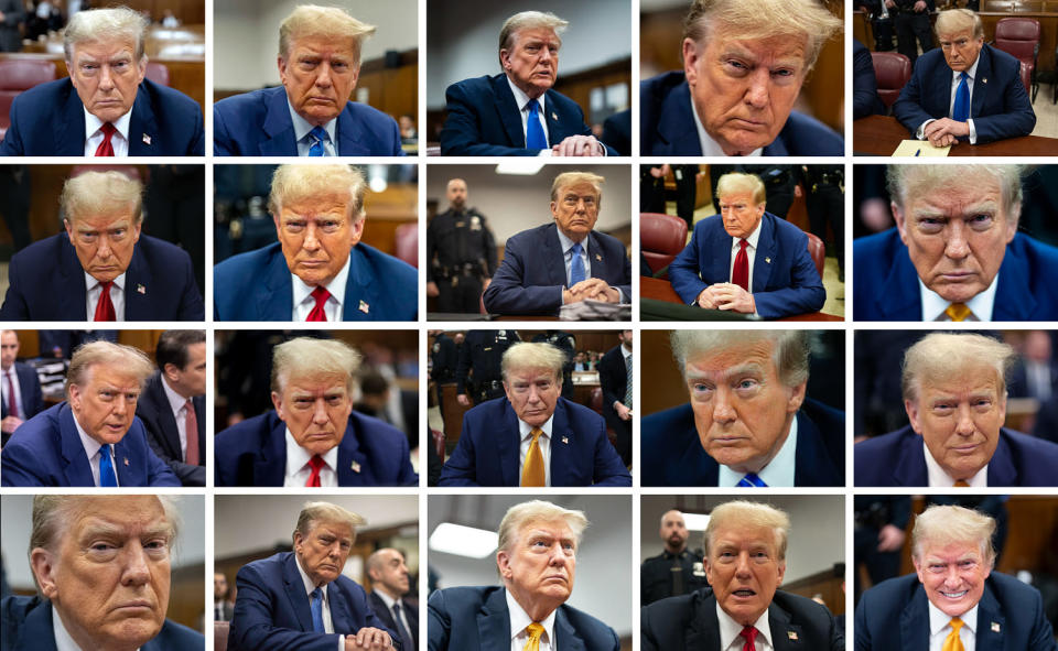 Een raster van foto's van voormalig president Donald Trump, zittend in de put voor de rechterbank in de rechtszaal.  (Angela Weiss; Mark Peterson; Jabin Botsford; Victor J. Blue; Yuki Iwamura; Dave Sanders; Seth Wenig; Doug Mills; Jeenah Moon; Brendan McDermid; Win McNamee; Michael M. Santiago; Justin Lane; Steven Hirsch / Pool / Getty Afbeeldingenbestand)