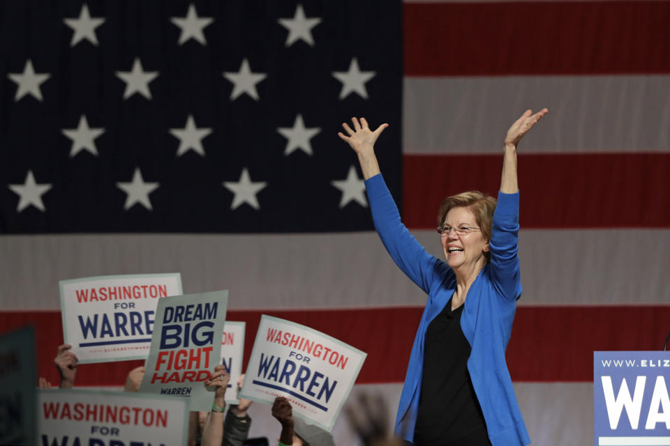 Democratic presidential candidate U.S. Sen. Elizabeth Warren, D-Mass., speaks during a campaign event Saturday, Feb. 22, 2020, in Seattle. (AP Photo/Elaine Thompson)