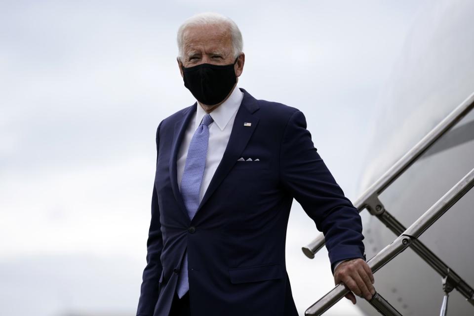 Former Vice President Joe Biden arrives in Pennsylvania en route to speak at a campaign event in Pittsburgh on Monday.