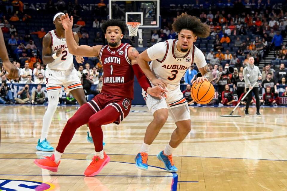 Mar 15, 2024; Nashville, TN, USA; Auburn Tigers guard Tre Donaldson (3) drives to the basket against the South Carolina Gamecocks during the second half at Bridgestone Arena. Mandatory Credit: Steve Roberts-USA TODAY Sports