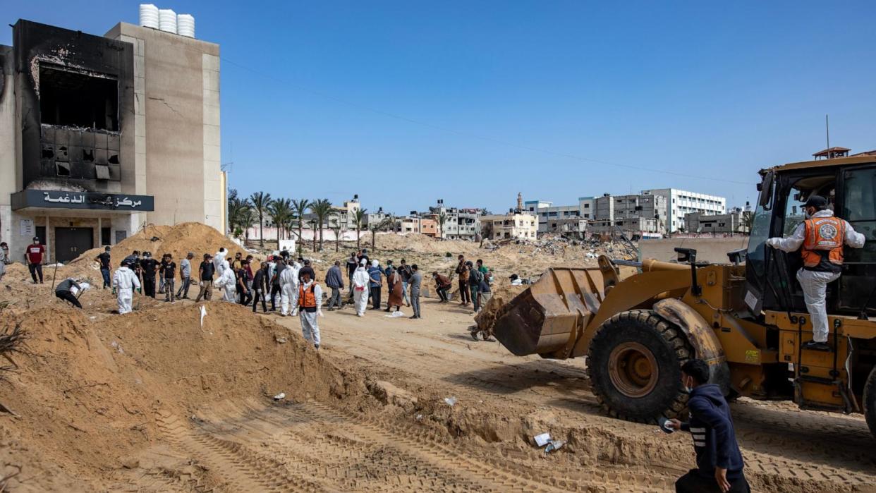 PHOTO: The Palestinian Civil Defense recovers 50 bodies from a mass grave at the Nasser Hospital in Khan Yunis, Gaza Apr. 21, 2024.  (Haitham Imad/EPA-EFE/Shutterstock)