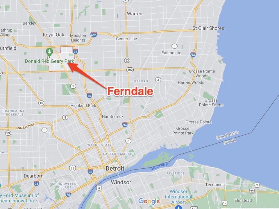 Ferndale is located outside of Detroit on a map