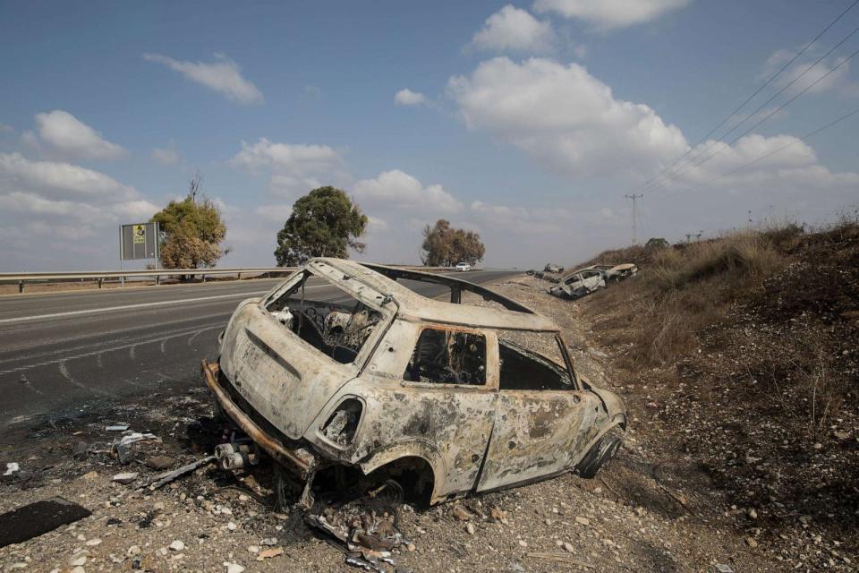 PHOTO: KFAR AZA, ISRAEL - OCTOBER 10: A destroyed car that was attacked by Palestinian militants on Oct. 10, 2023 in unspecified, Israel. (Amir Levy/Getty Images)