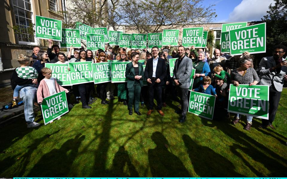 Green Party co-leaders Carla Denyer and Adrian Ramsay on April 4 launching their local elections campaign, in Bristol, where they hoped to win control of the council