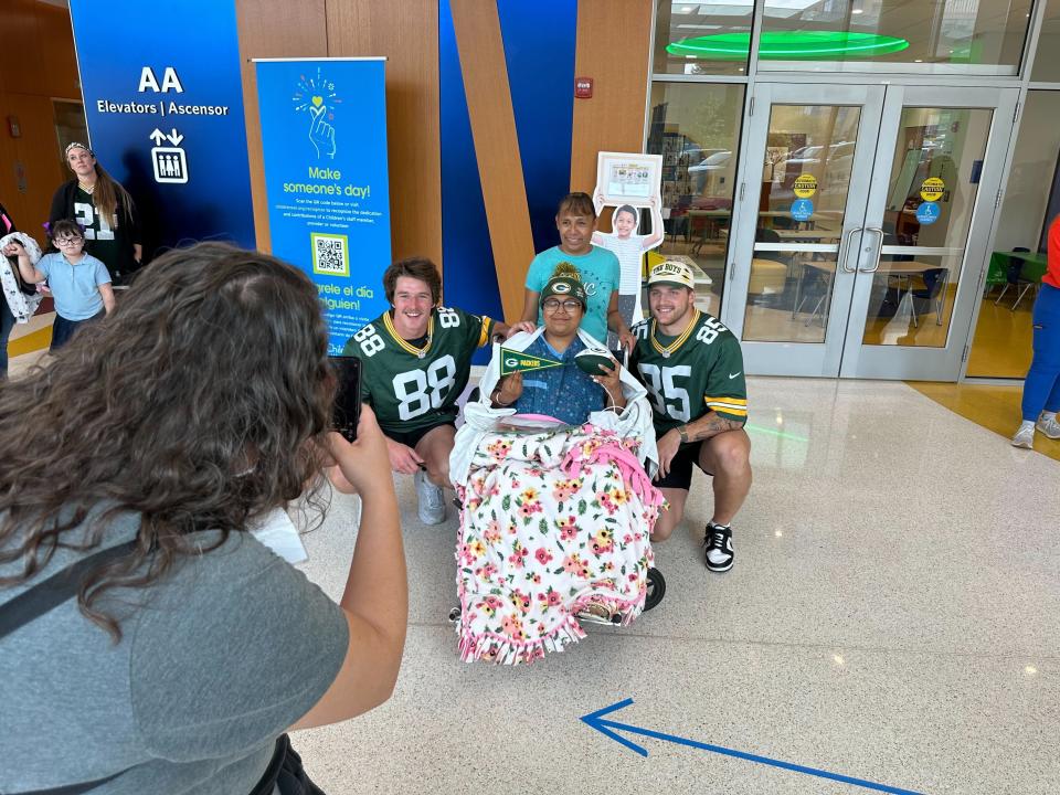 Green Bay Packers tight ends Luke Musgrave and Tucker Kraft visit Children's Hospital as part of the Packers vs. Cancer initiative on Tuesday.