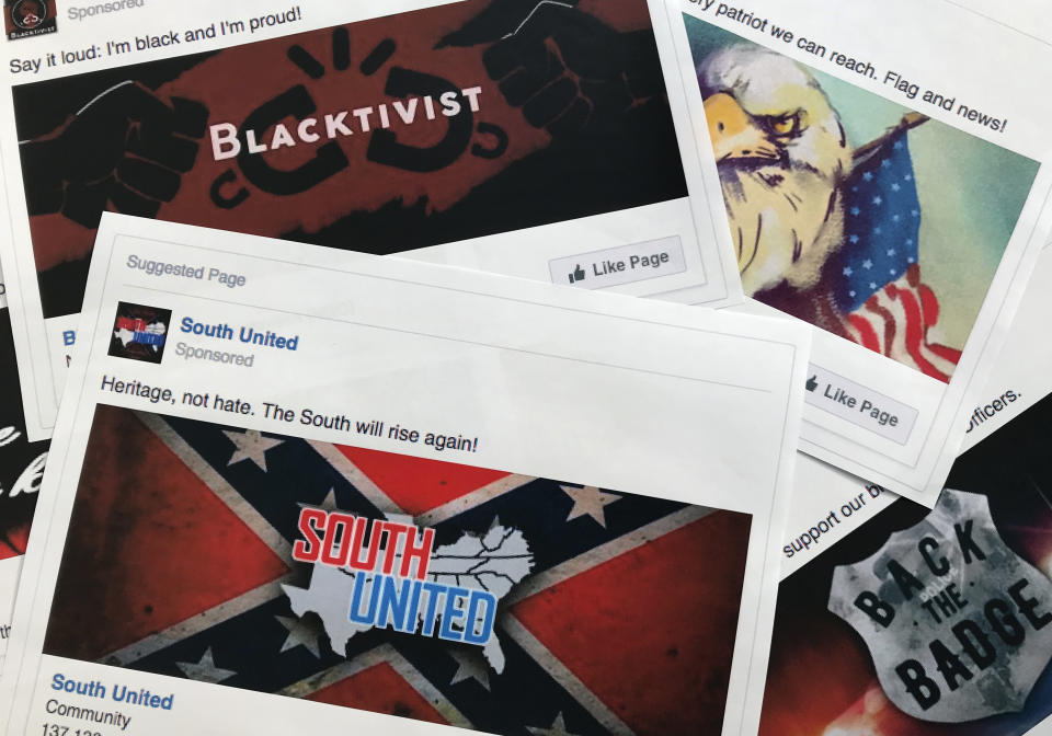 FILE - This Nov. 1, 2017 file photo shows prints of some of the Facebook ads linked to a Russian effort to disrupt the American political process and stir up tensions around divisive social issues, released by members of the U.S. House Intelligence committee, in Washington. According to a study published Wednesday, Jan. 9, 2019 in Science Advances, people over 65 and conservatives shared far more false information in 2016 on Facebook than others. Researchers say that for every piece of “fake news” shared by young adults or moderates or super liberals, senior citizens and very conservatives shared about 7 false items. Experts say seniors might not discern truth from fiction on social media as easily. They say sheer volume of pro-Trump false info may have skewed the sharing numbers to the right. (AP Photo/Jon Elswick, File)