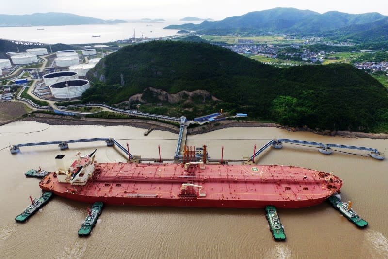 Oil tanker is seen at a crude oil terminal in Ningbo Zhoushan port