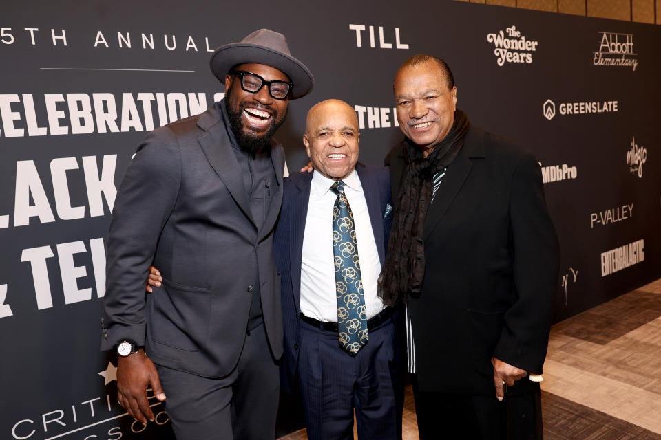 Honoree Berry Gordy poses with the “Icon Award” Shawn Edwards, and Billy Dee Williams in the press room during Critics Choice Association’s 5th Annual Celebration Of Black Cinema & Television at Fairmont Century Plaza on December 05, 2022 in Los Angeles, California.