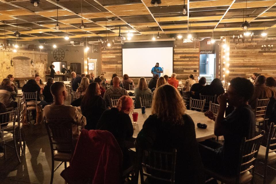 Topeka comic Malik El-Amin gets a response from the crowd after a joke lands at Thursday's Top City Comedy competition at The Foundry.