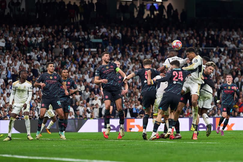 Jude Bellingham and Josko Gvardiol during the UEFA Champions League quarter-final first leg match between Real Madrid CF and Manchester City.