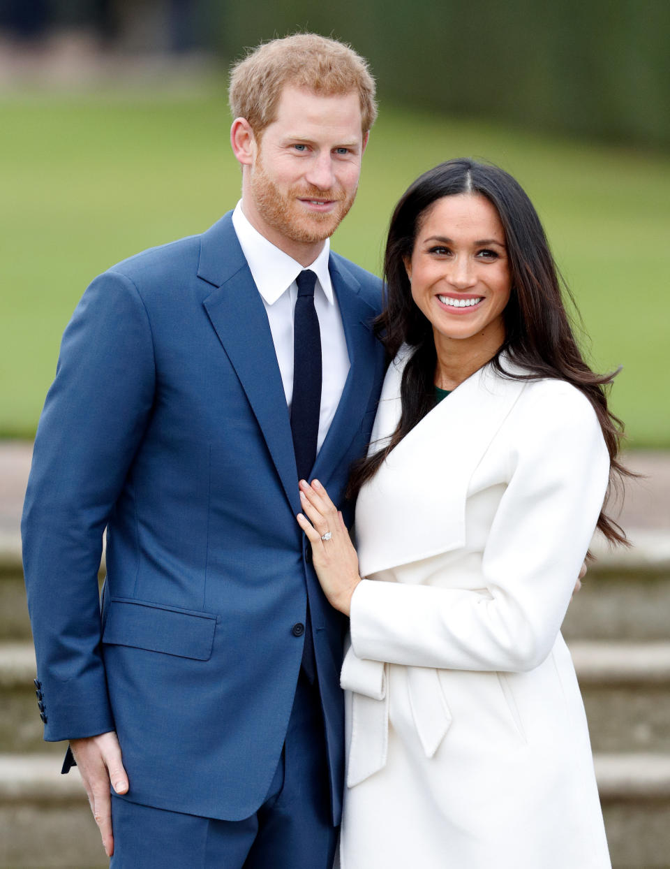Prince Harry and Meghan Markle attend an official photocall to announce their engagement at The Sunken Gardens, Kensington Palace on Nov. 27, 2017 in London, England.&nbsp;