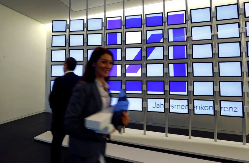 FILE PHOTO: Logo of Deutsche Bank AG is displayed during the bank's annual news conference in Frankfurt