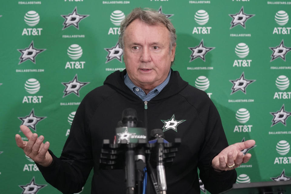 Dallas Stars NHL hockey team head coach Rick Bowness speaks to reporters during a season-ending media availability at the team's headquarters in Frisco, Texas, Tuesday, May 17, 2022. (AP Photo/LM Otero)