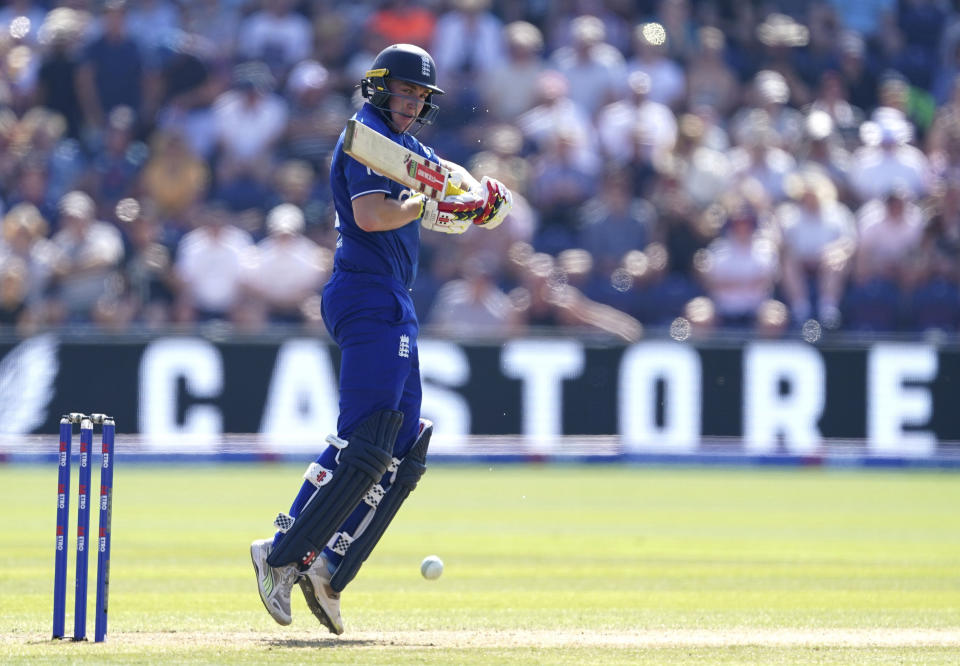 England's Harry Brook batting the first one day international match against New Zealand, at Sophia Gardens, Cardiff, Wales, Friday Sept. 8, 2023. (Joe Giddens/PA via AP)