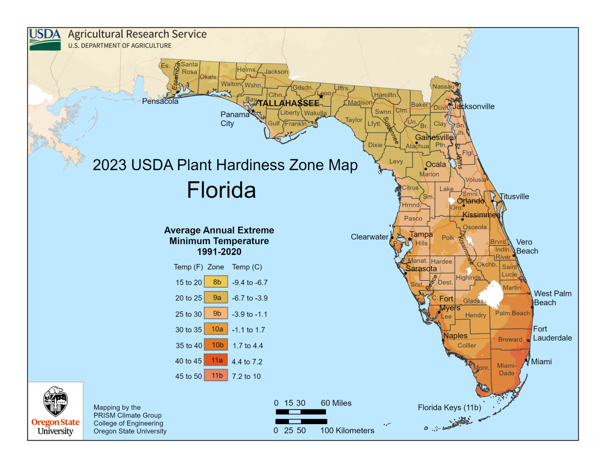 USDA Plant Hardiness Zone Map, 2023 (Accessed from https://planthardiness.ars.usda.gov/).