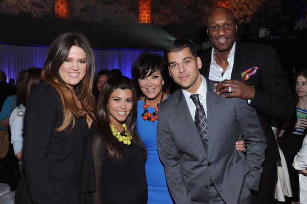 From left: Khloe and Kourtney Kardashian, Kris Jenner, Rob Kardashian and Lamar Odom attend E! 2012 Upfront in New York on April 30, 2012.