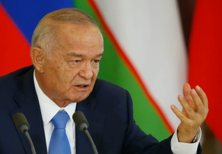 Uzbek President Islam Karimov speaks during a joint press conference with his Russian counterpart following their meeting at the Kremlin in Moscow on April 26, 2016