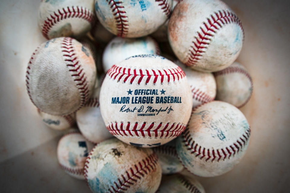 Aug 17, 2019; Kansas City, MO, USA; Official MLB baseballs sit in a bucket during batting practice before a game between the Kansas City Royals and the New York Mets at Kauffman Stadium. Mandatory Credit: William Purnell-USA TODAY Sports