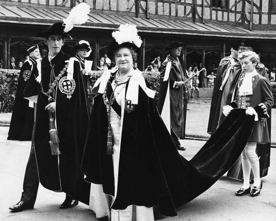 <p>Here, Prince Charles and the Queen Mother lead a procession of Knights of the Garter after the Prince was invested as a member.</p>