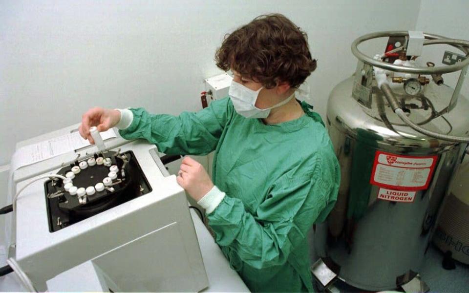 A technician preparing to freeze embryos at an IVF clinic - Credit: BY PAUL BARKER/PA