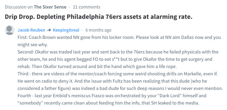 Comments on a 76ers blog include the same content from Twitter accounts linked to team president Bryan Colangelo. (Disqus)