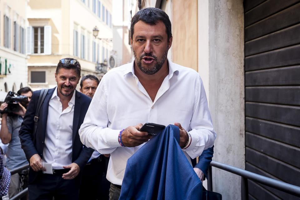 Italian Deputy-Premier and Interior Minister, Matteo Salvini, arrives for a meeting in Rome, Wednesday, Aug. 21, 2019. Italy could see elections as early as this fall after Italian Premier Giuseppe Conte resigned amid the collapse of the 14-month-old populist government. Matteo Salvini's right-wing League party sought a no-confidence vote against Conte earlier this month, a stunningly bold move for the government's junior coalition partner. (Angelo Carconi/ANSA via AP)