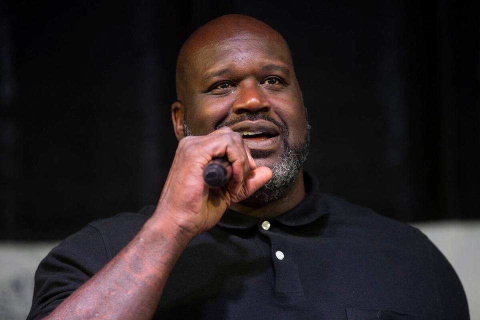 Shaquille O'Neal gives a speech during an event at Doolittle Complex basketball courts in Las Vegas, Saturday, Oct. 23, 2021.